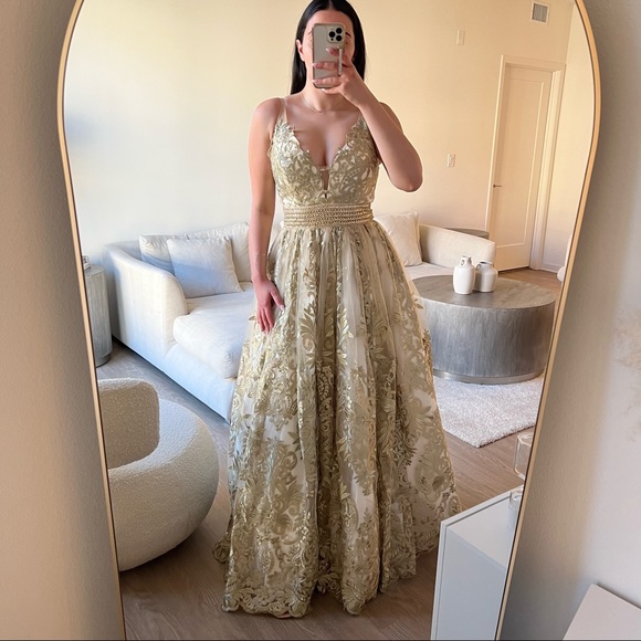 Gold Embroidered Tulle Evening Gown Dress - Picture 3 of 9